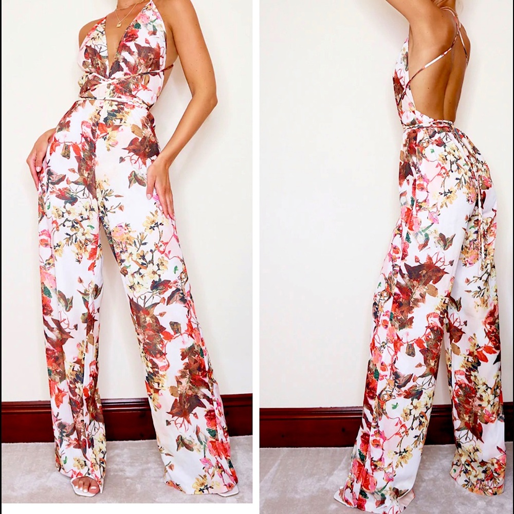 Multi Floral Print Halterneck Wide Leg Jumpsuit